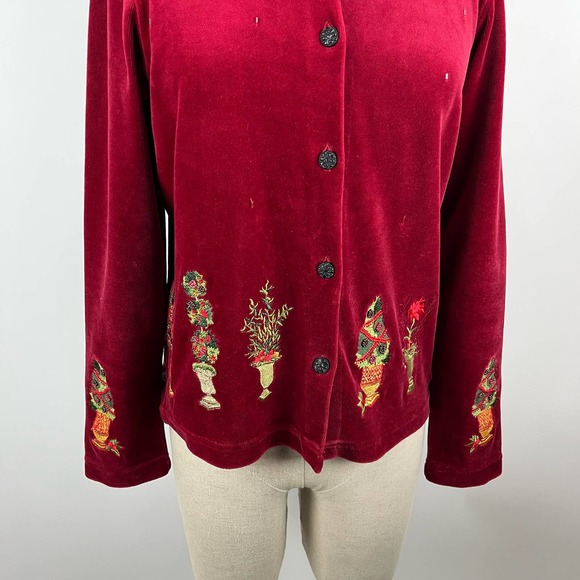 Susan Bristol Red Velour Ugly Christmas Sweater Cardigan Holiday Plants Trees - Picture 6 of 16